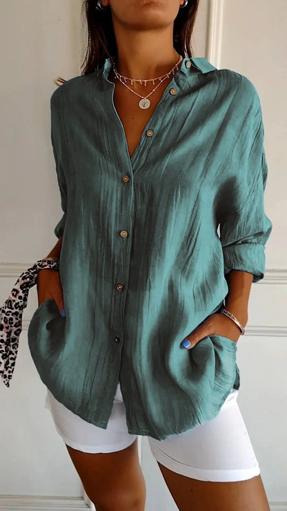 Women's crinkled casual oversized button-down shirt with long sleeves – Dark green