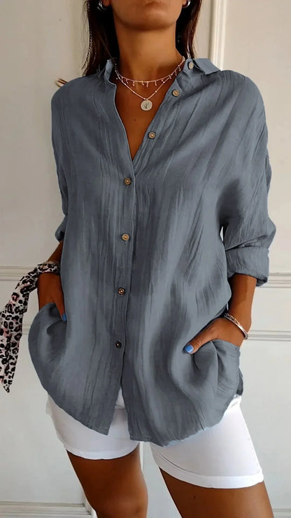 Women's crinkled casual oversized button-down shirt with long sleeves – Grey