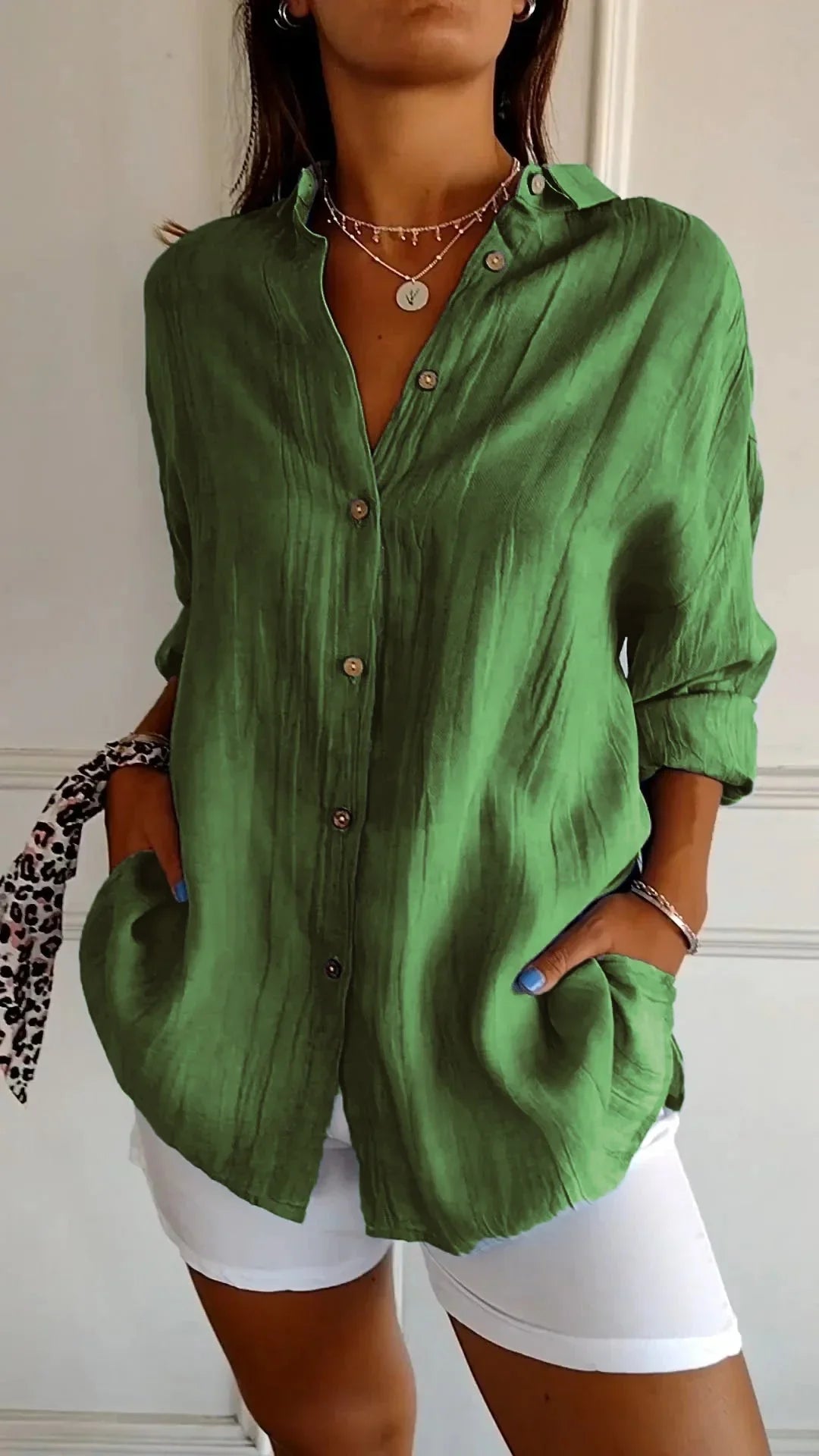 Women's crinkled casual oversized button-down shirt with long sleeves – Green