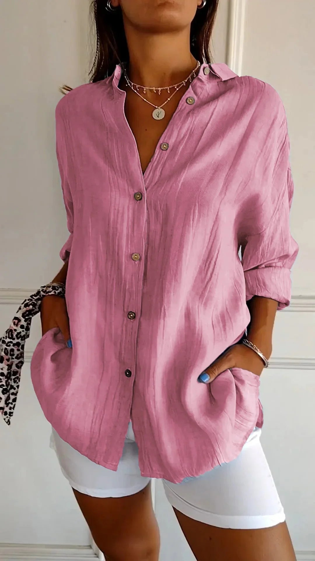 Women's crinkled casual oversized button-down shirt with long sleeves – Pink