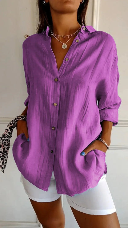 Women's crinkled casual oversized button-down shirt with long sleeves – Purple