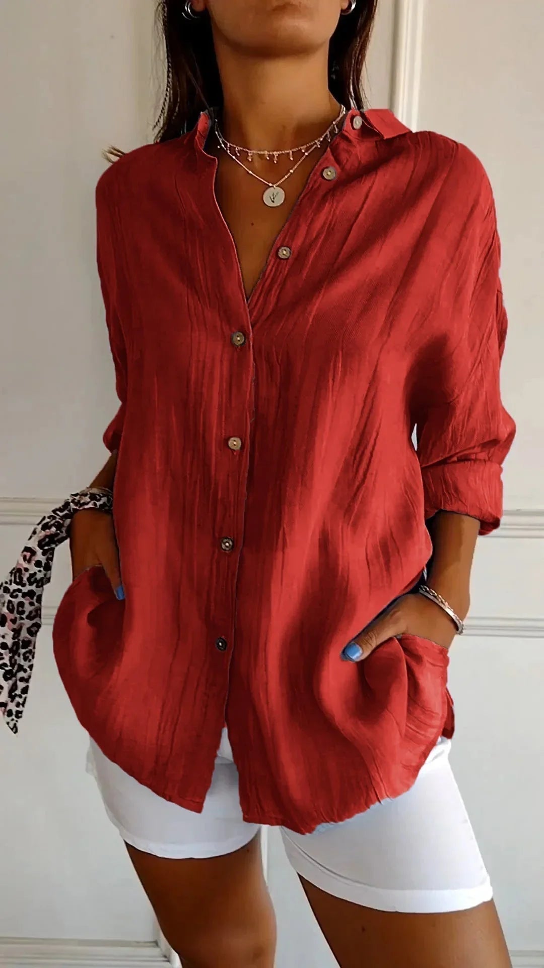 Women's crinkled casual oversized button-down shirt with long sleeves – Red