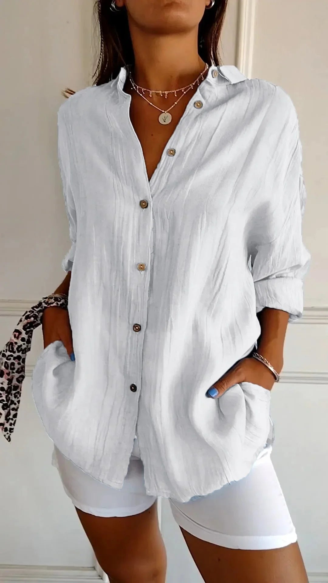 Women's crinkled casual oversized button-down shirt with long sleeves – White