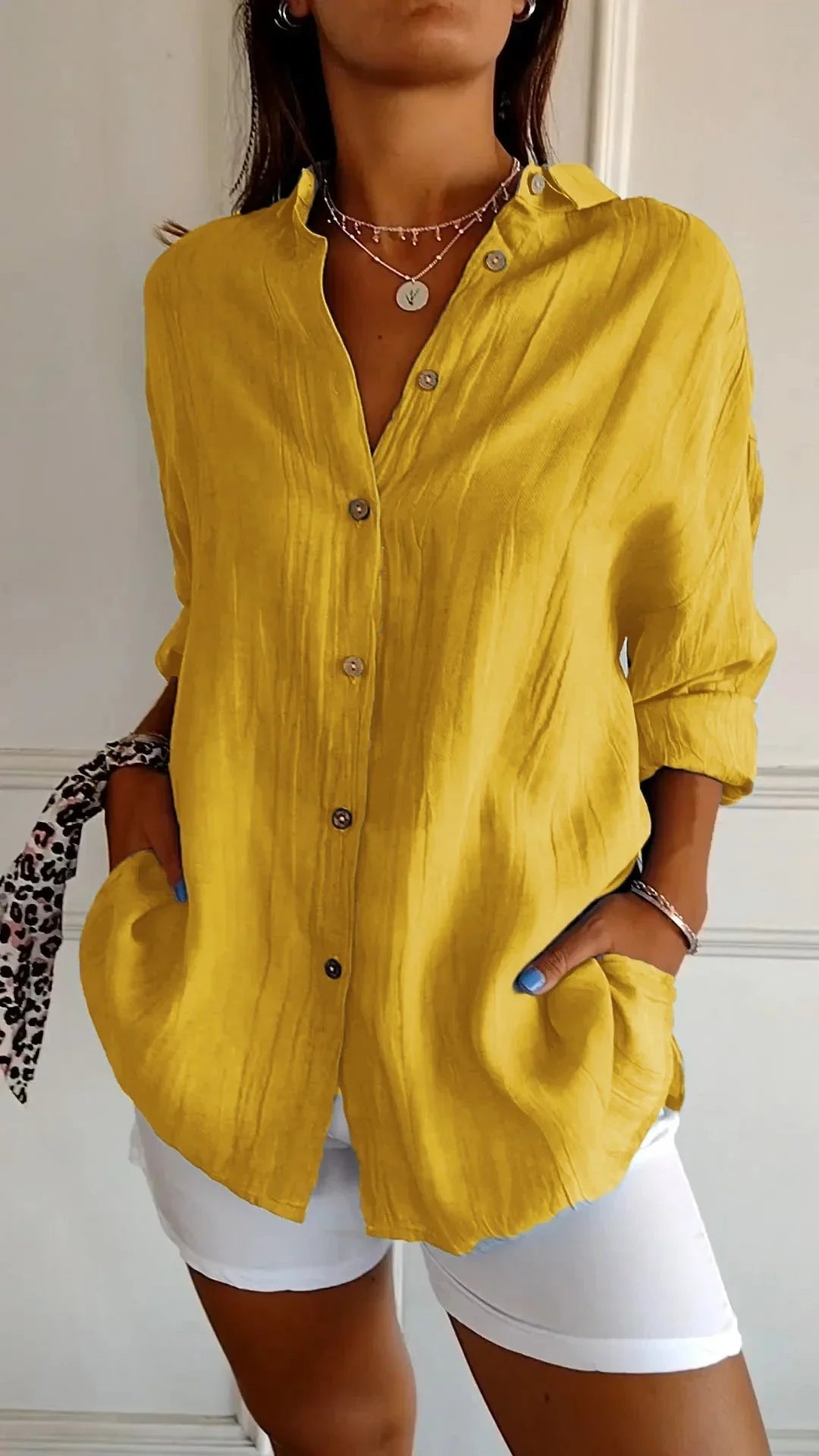 Women's crinkled casual oversized button-down shirt with long sleeves – Yellow