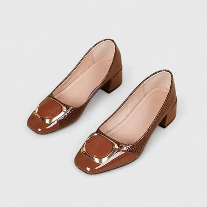 Women's croc-embossed block-heel loafers with patent toe cap and buckle