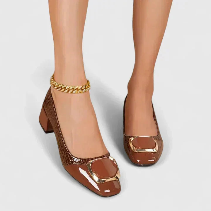 Women's croc-embossed block-heel loafers with patent toe cap and buckle