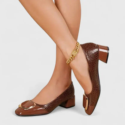 Women's croc-embossed block-heel loafers with patent toe cap and buckle