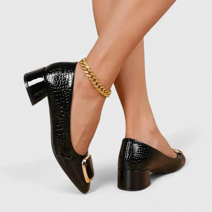 Women's croc-embossed block-heel loafers with patent toe cap and buckle – Black