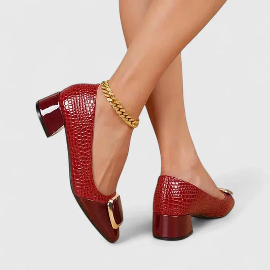 Women's croc-embossed block-heel loafers with patent toe cap and buckle – Bordeaux