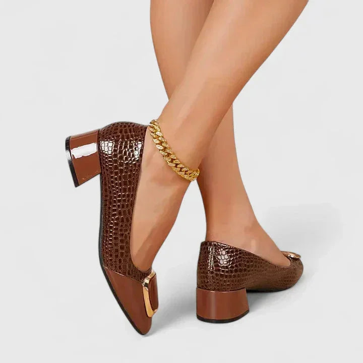 Women's croc-embossed block-heel loafers with patent toe cap and buckle – Brown