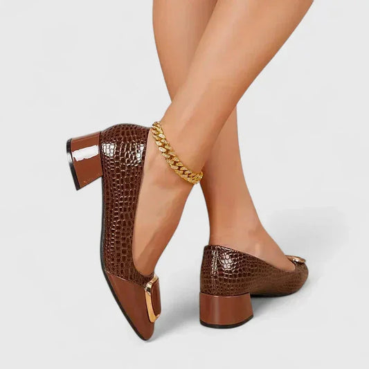 Women's croc-embossed block-heel loafers with patent toe cap and buckle – Brown