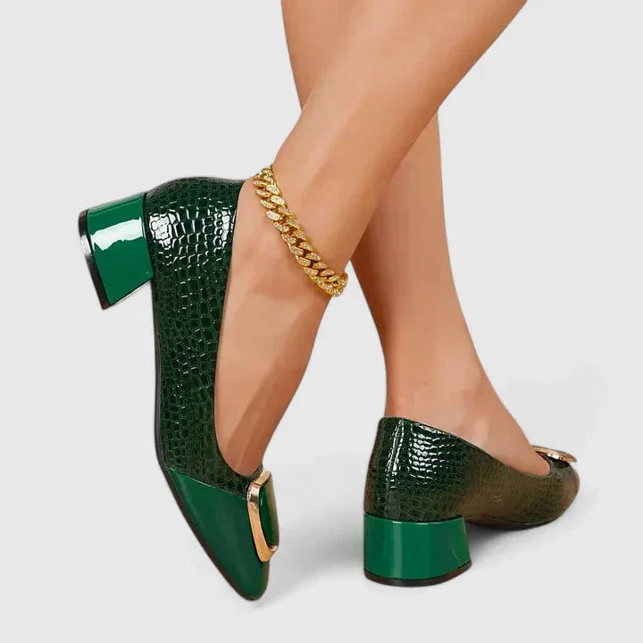 Women's croc-embossed block-heel loafers with patent toe cap and buckle – Green