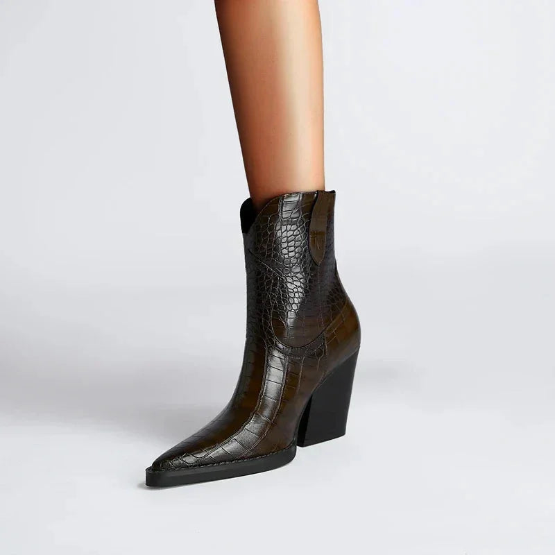 Women's croc-embossed western ankle boots with pointed toe and block heel