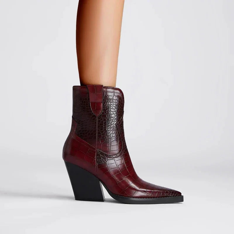 Women's croc-embossed western ankle boots with pointed toe and block heel
