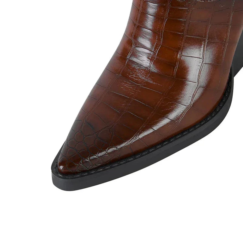 Women's croc-embossed western ankle boots with pointed toe and block heel