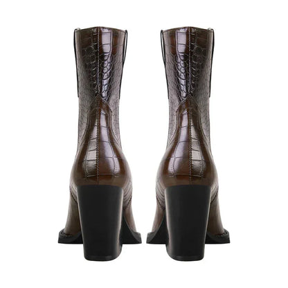 Women's croc-embossed western ankle boots with pointed toe and block heel