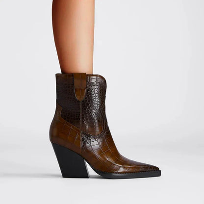 Women's croc-embossed western ankle boots with pointed toe and block heel – Dark Brown