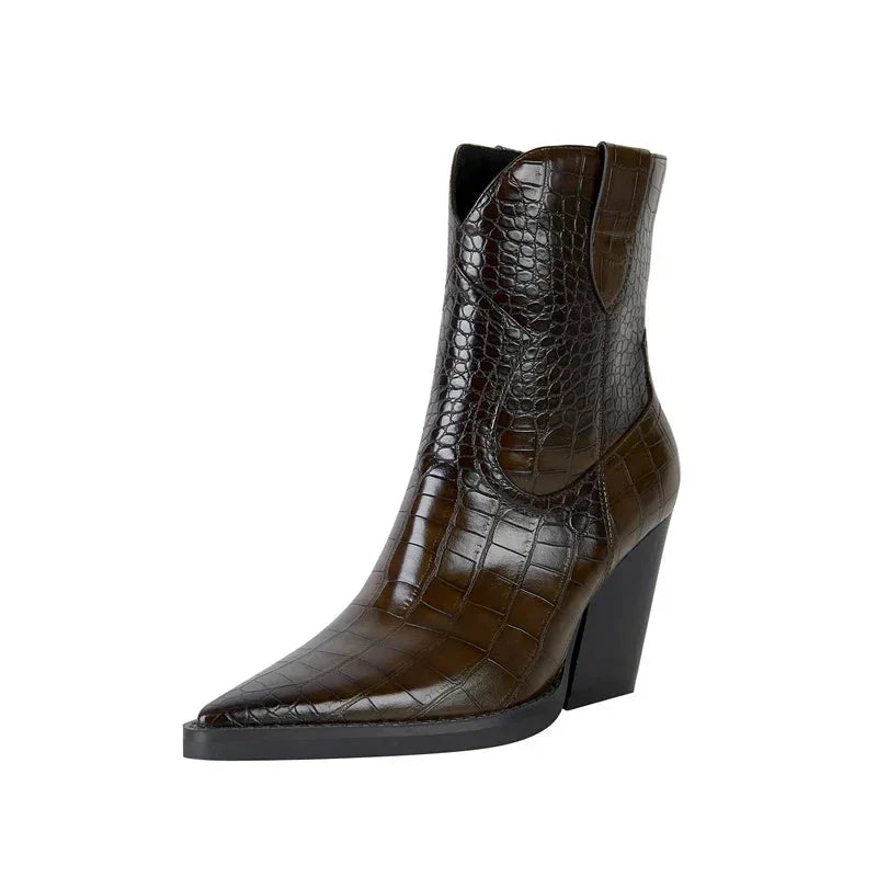 Women's croc-embossed western ankle boots with pointed toe and block heel