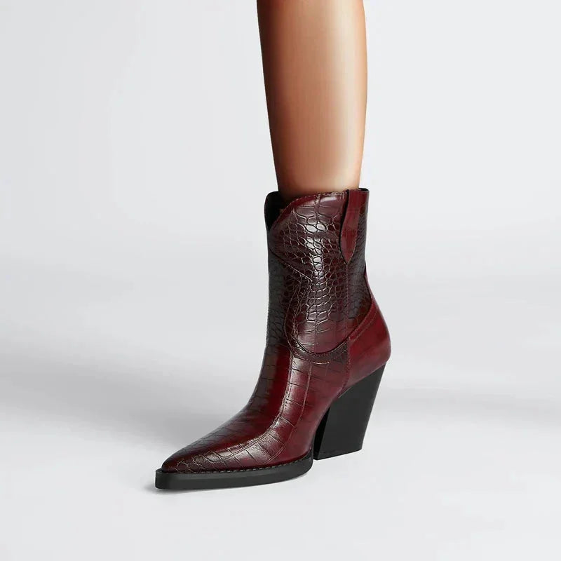 Women's croc-embossed western ankle boots with pointed toe and block heel – Wine Red