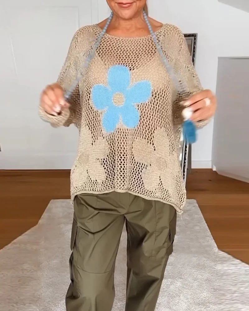 Women's crochet floral open-weave oversized long-sleeve sweater with a round neck