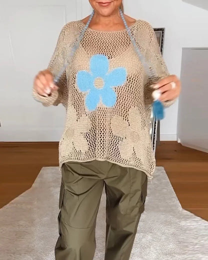 Women's crochet floral open-weave oversized long-sleeve sweater with a round neck
