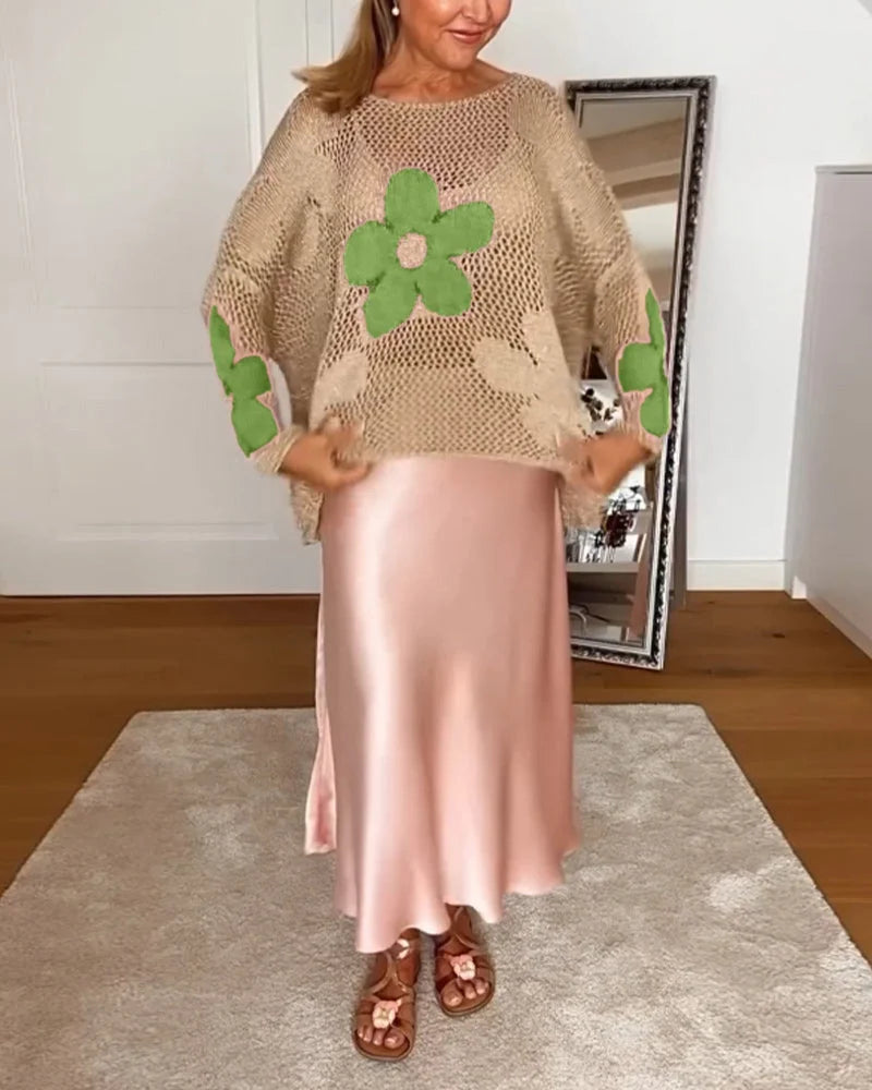 Women's crochet floral open-weave oversized long-sleeve sweater with a round neck