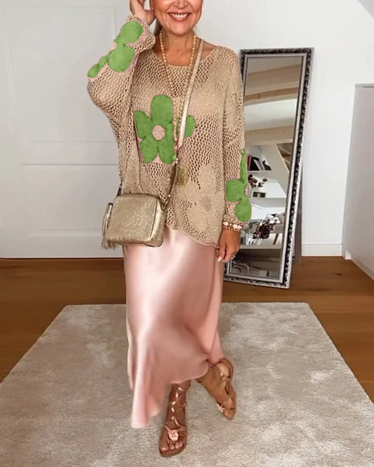 Women's crochet floral open-weave oversized long-sleeve sweater with a round neck – Green