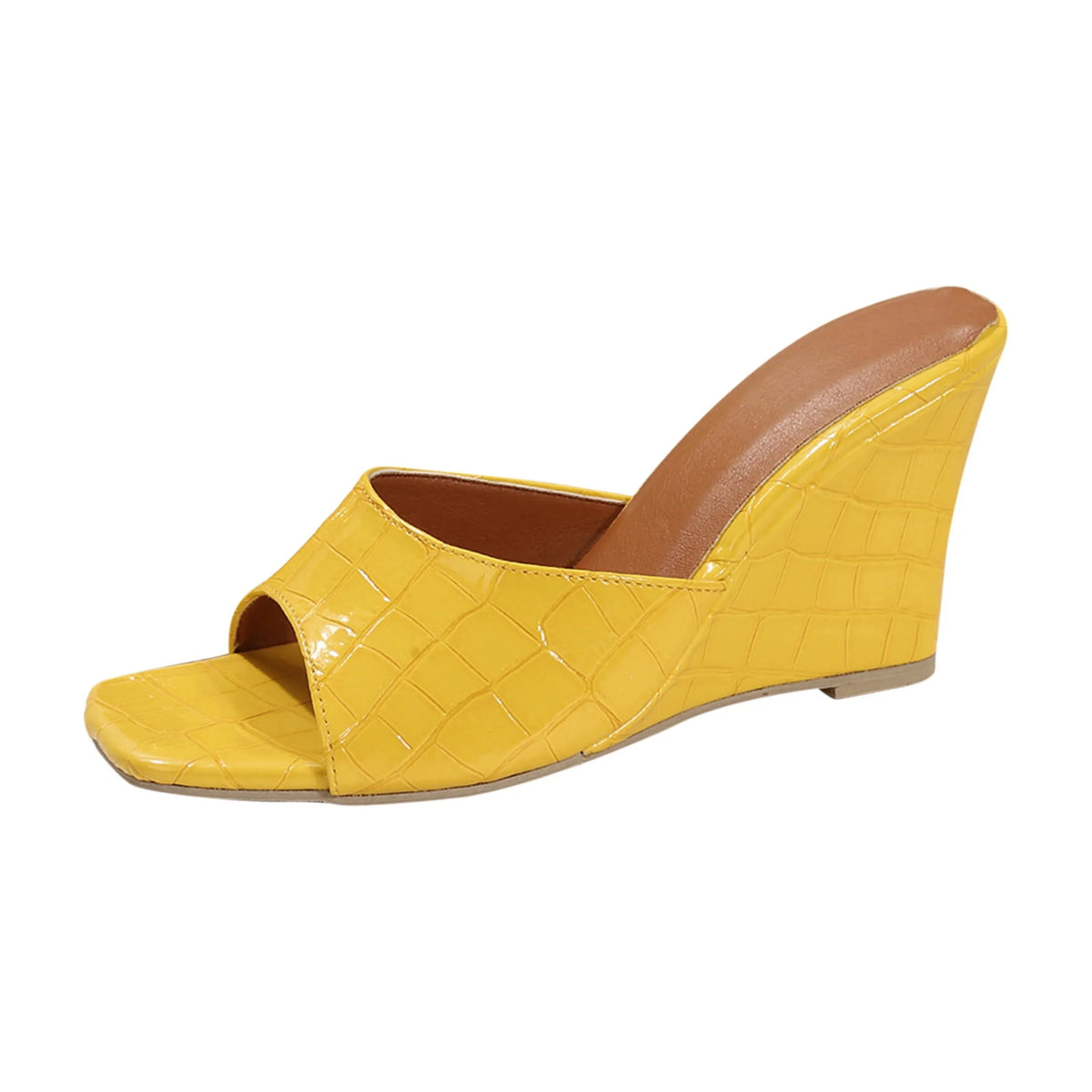 Women's crocodile-embossed leather wedge sandals with open square-toe