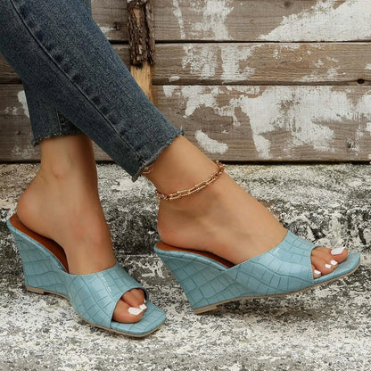 Women's crocodile-embossed leather wedge sandals with open square-toe