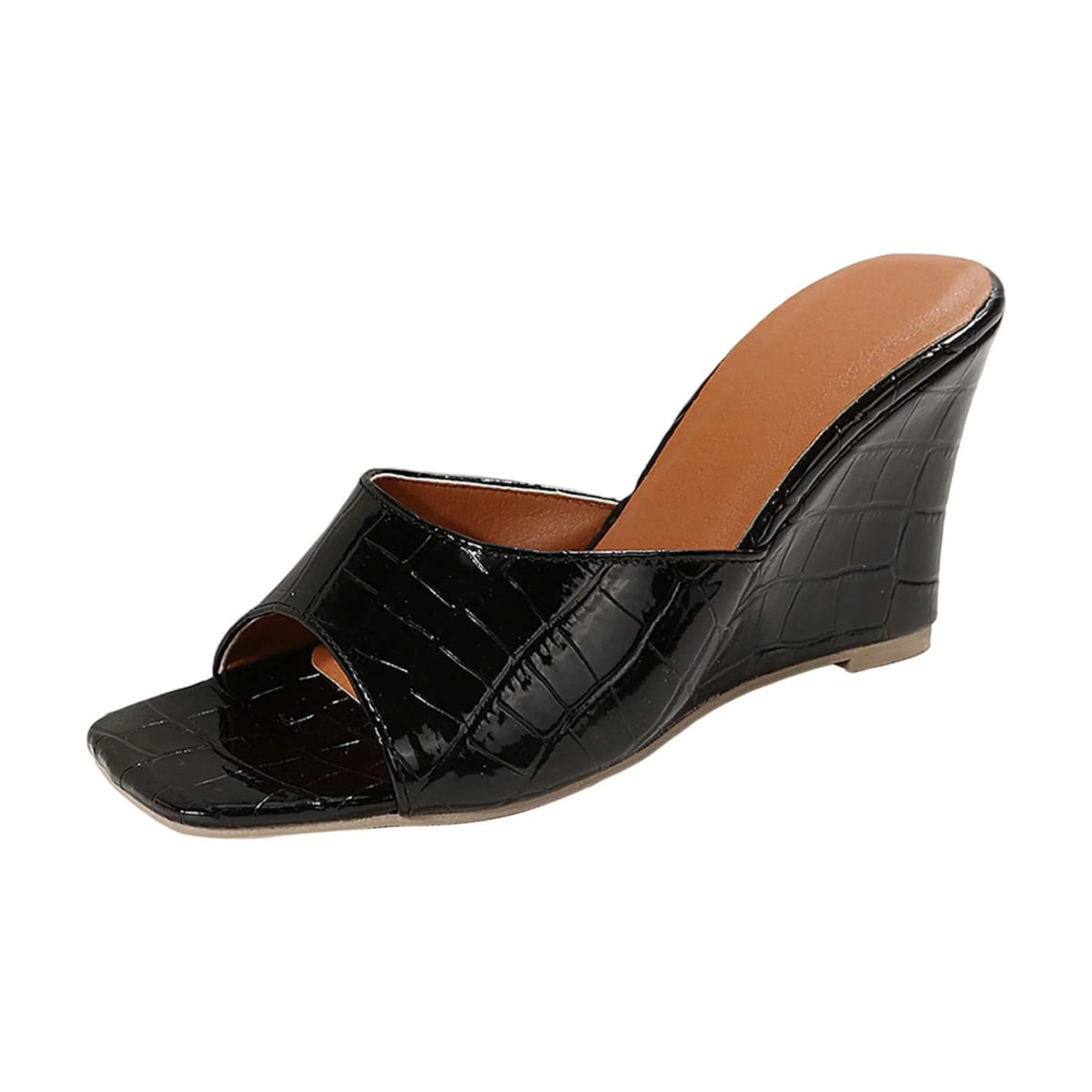 Women's crocodile-embossed leather wedge sandals with open square-toe