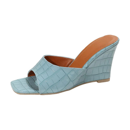Women's crocodile-embossed leather wedge sandals with open square-toe