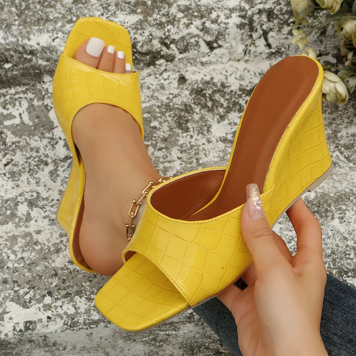 Women's crocodile-embossed leather wedge sandals with open square-toe