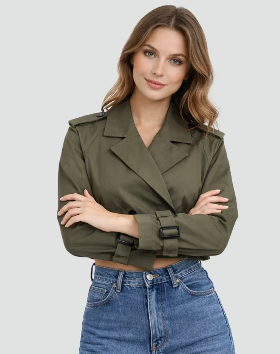 Women's cropped double-breasted belted trench coat jacket – Army Green