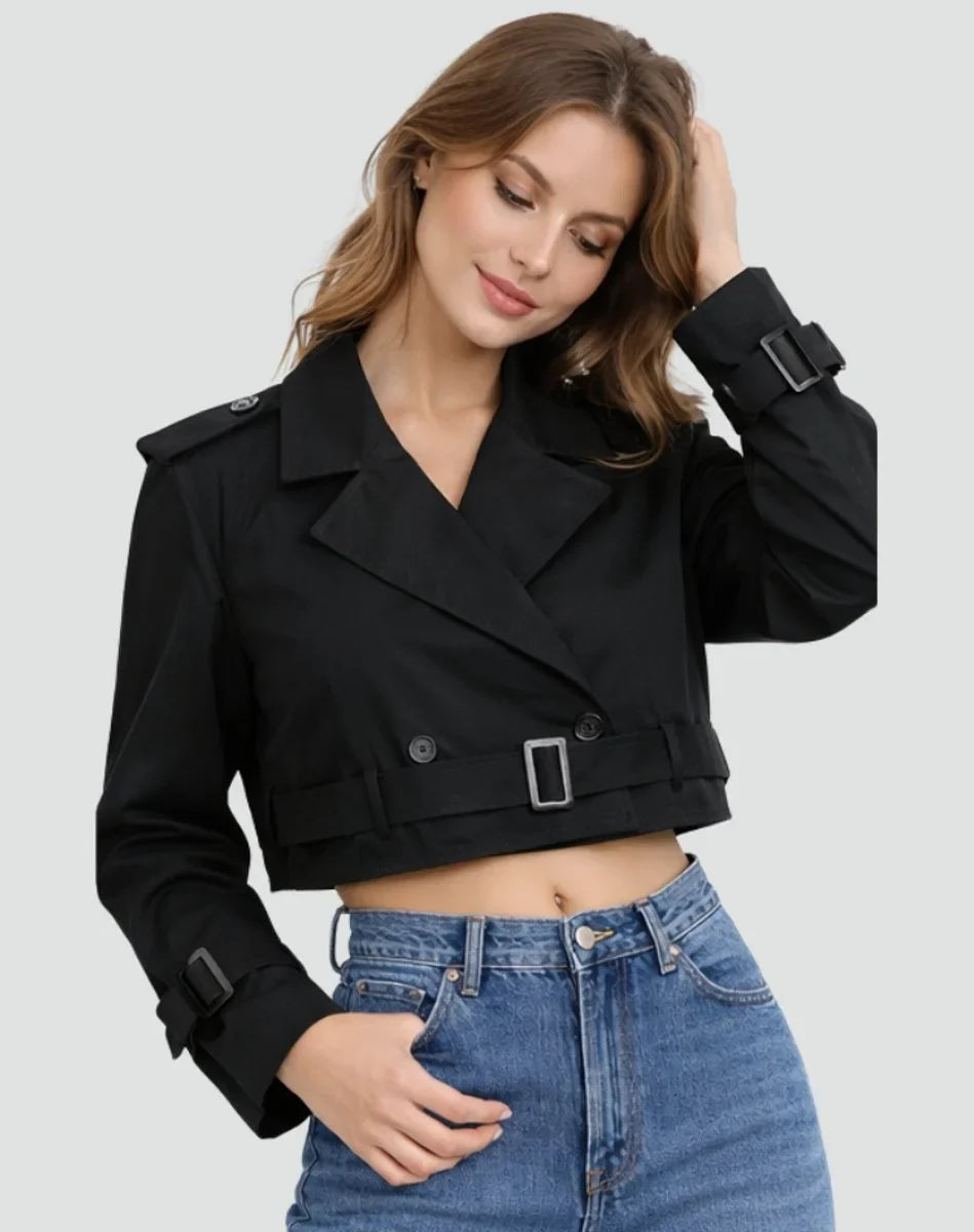 Women's cropped double-breasted belted trench coat jacket – Black