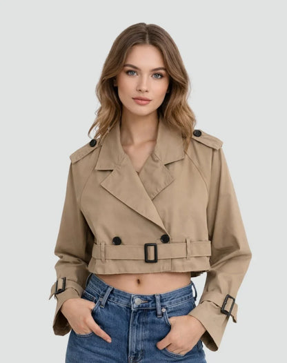 Women's cropped double-breasted belted trench coat jacket – Brown