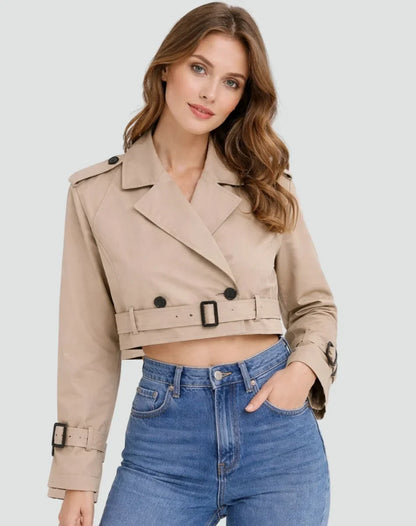 Women's cropped double-breasted belted trench coat jacket – Khaki