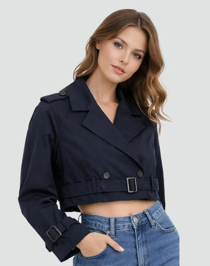 Women's cropped double-breasted belted trench coat jacket – Navy Blue
