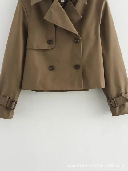 Women's cropped double-breasted trench coat buckle cuff