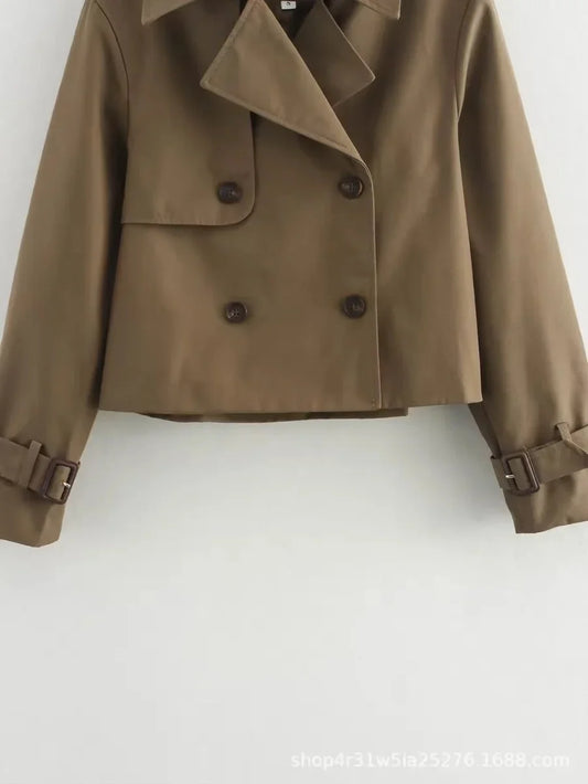 Women's cropped double-breasted trench coat buckle cuff