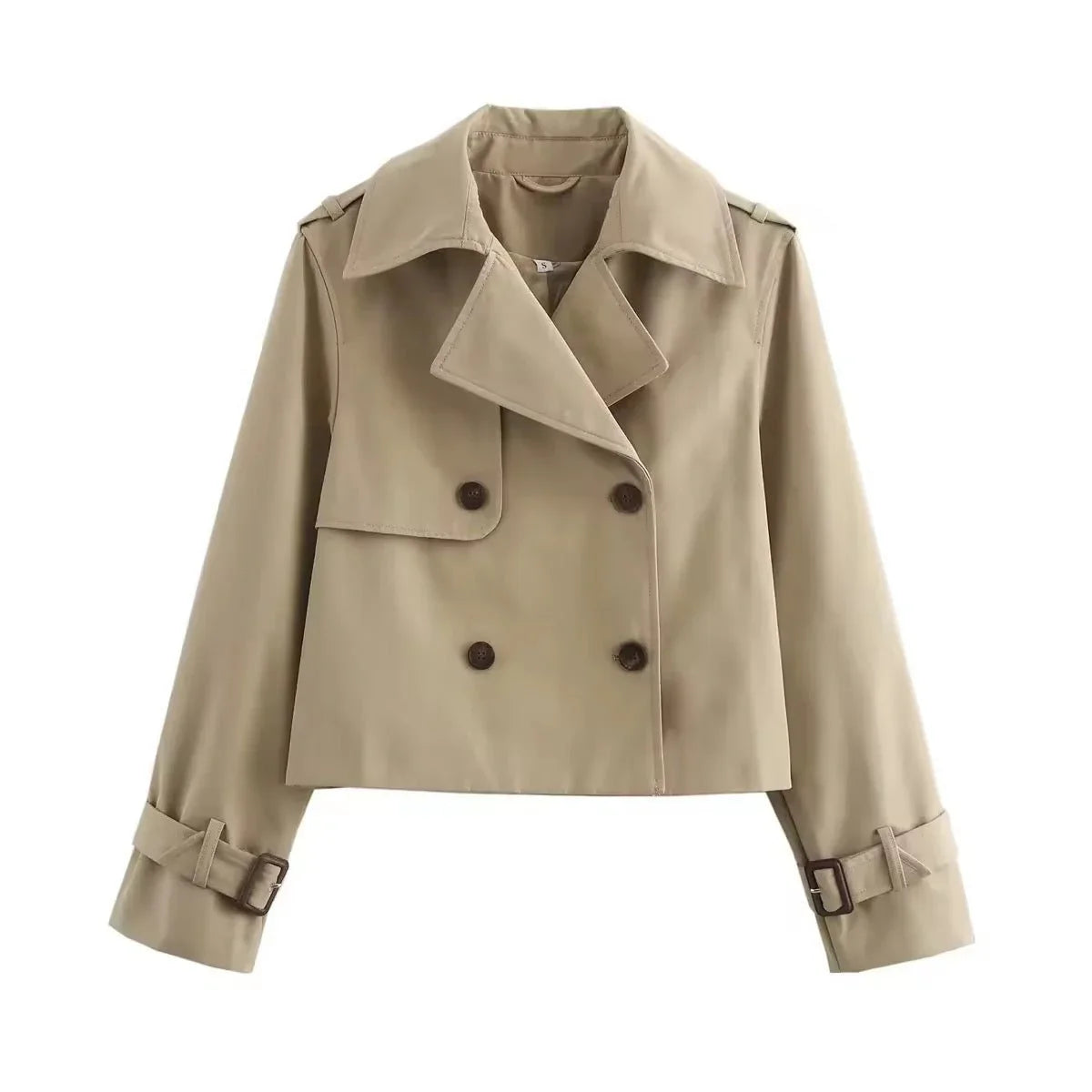 Women's cropped double-breasted trench coat buckle cuff – Beige