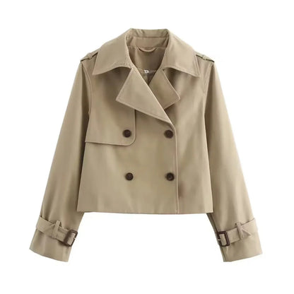 Women's cropped double-breasted trench coat buckle cuff – Beige