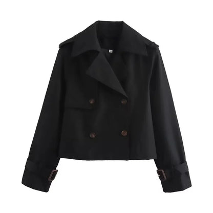 Women's cropped double-breasted trench coat buckle cuff – Black