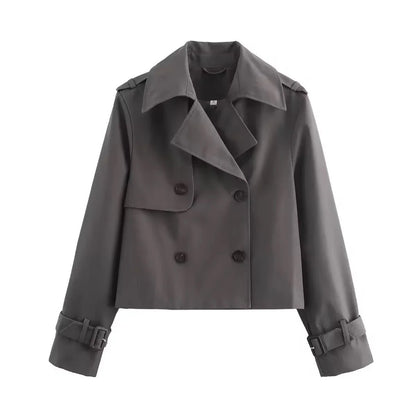 Women's cropped double-breasted trench coat buckle cuff – Gray