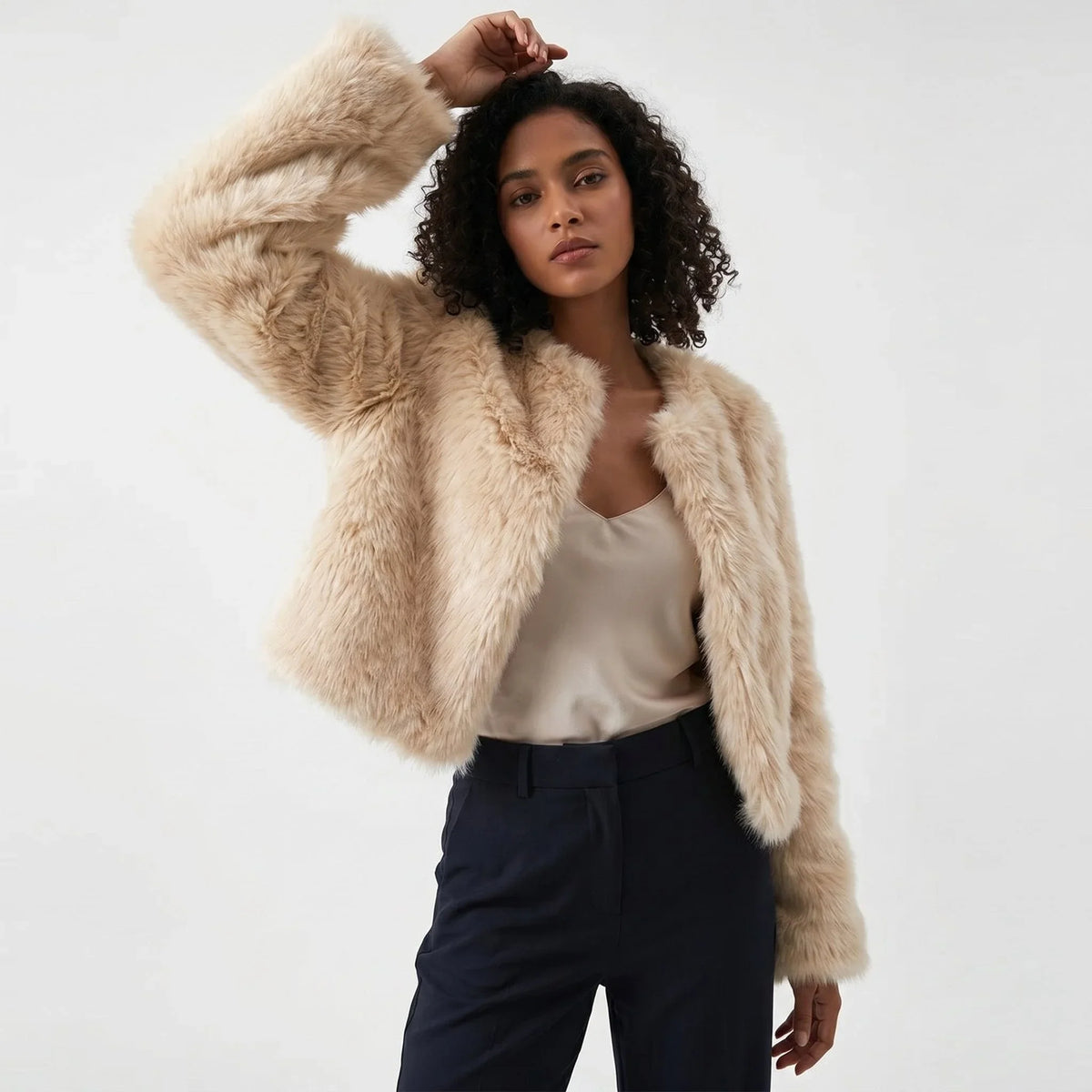 Women's cropped faux fur cardigan jacket – Apricot