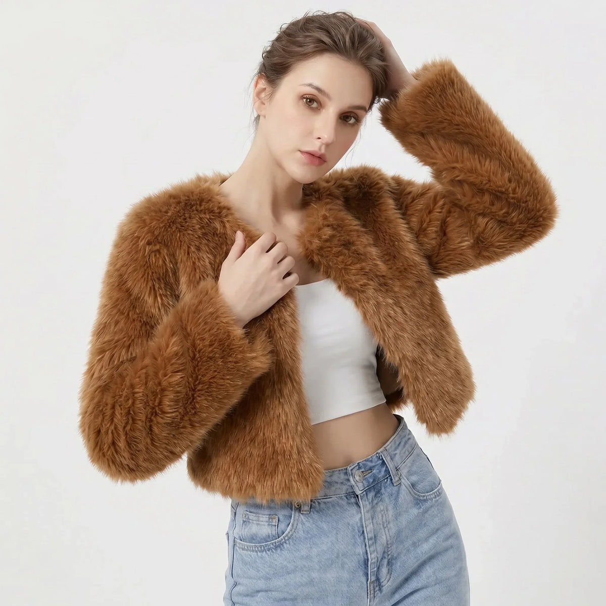 Women's cropped faux fur cardigan jacket – Dark Curry