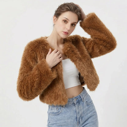 Women's cropped faux fur cardigan jacket – Dark Curry