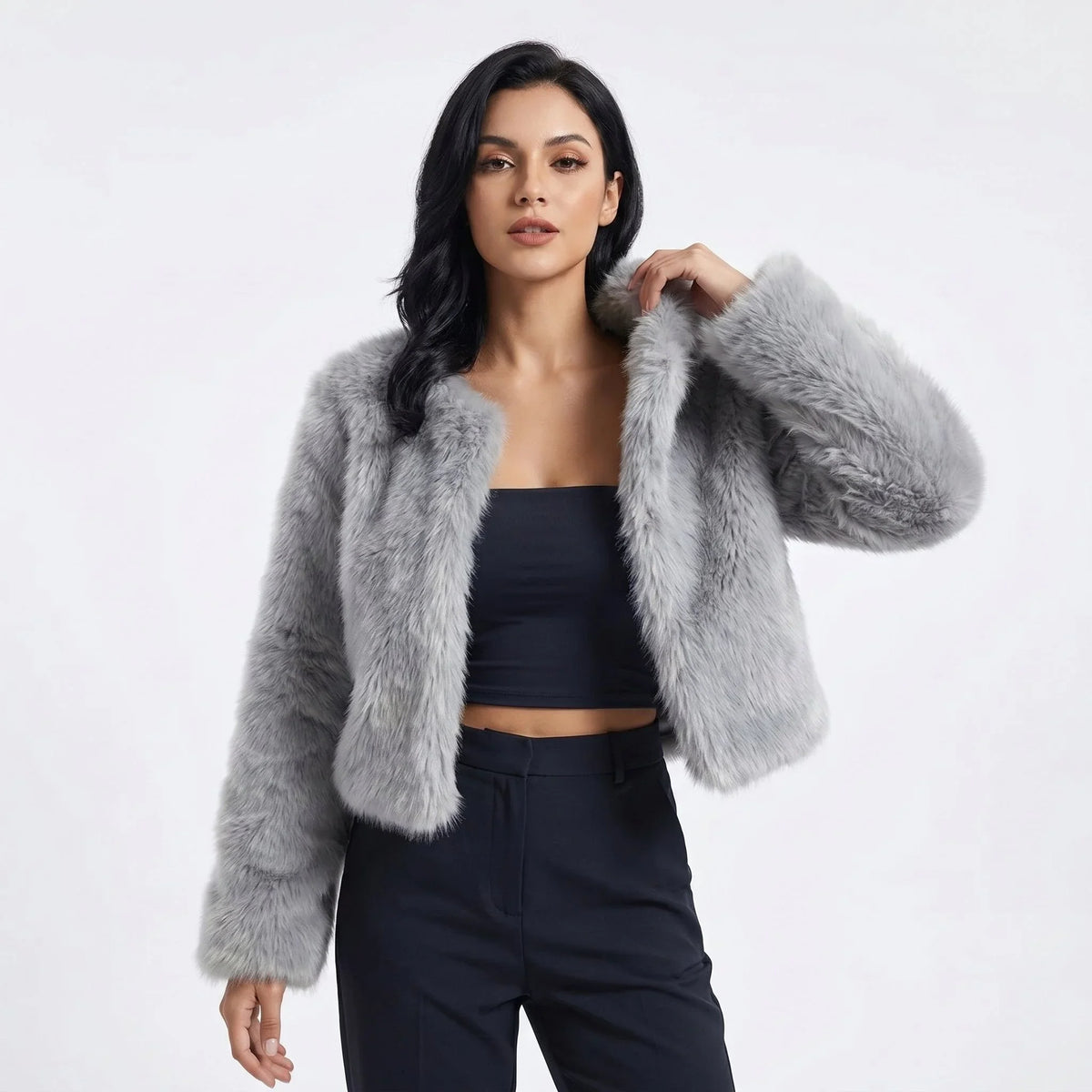 Women's cropped faux fur cardigan jacket – Grey