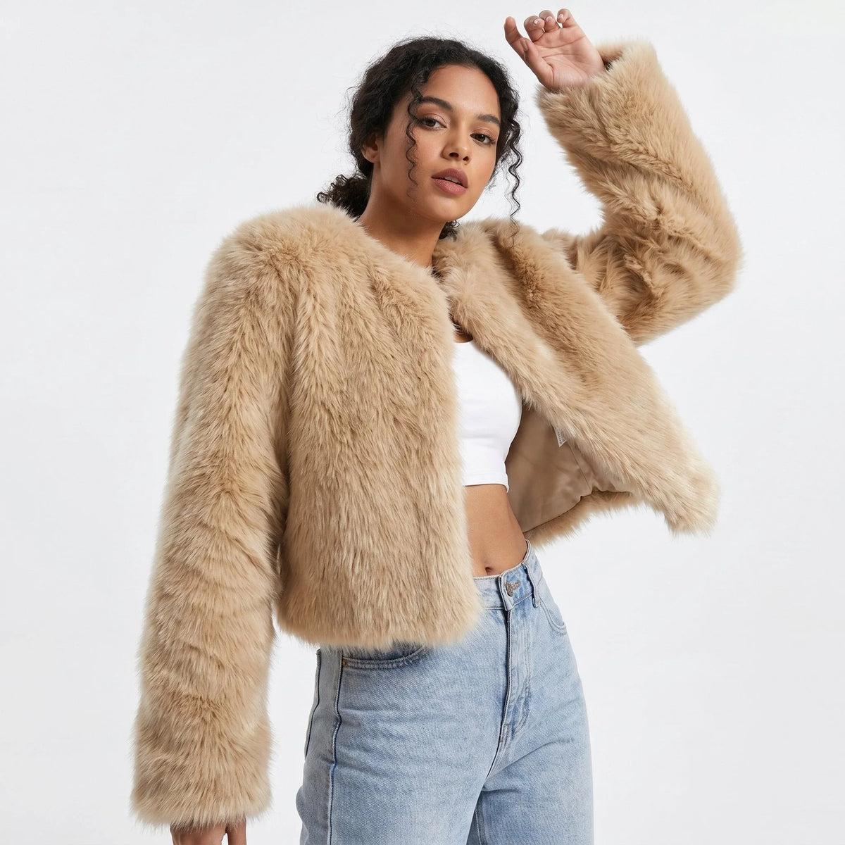 Women's cropped faux fur cardigan jacket – Pale Curry