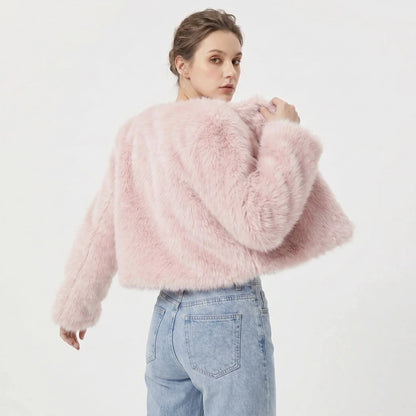 Women's cropped faux fur cardigan jacket – Pink