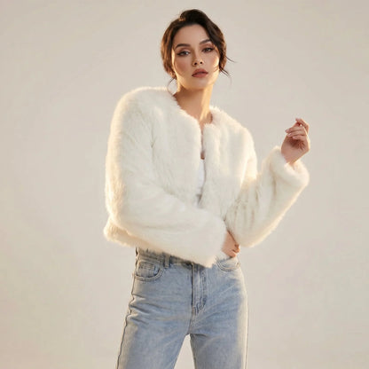 Women's cropped faux fur cardigan jacket – White